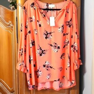 Melloday.‎ Peac h color women's 2X blouse new with tags. 3/4 sleeves  V n…